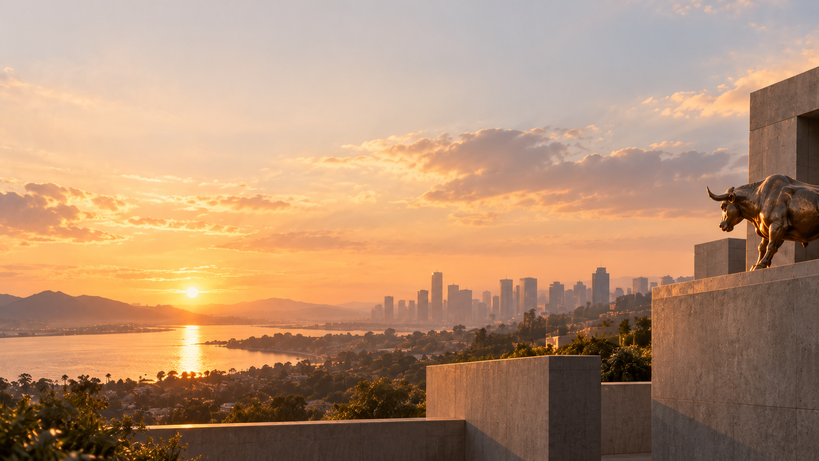 Coastal financial district at sunset with a bronze bull and brutalist architecture